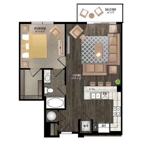 A floor plan of a balcony, bedroom, and living room.
